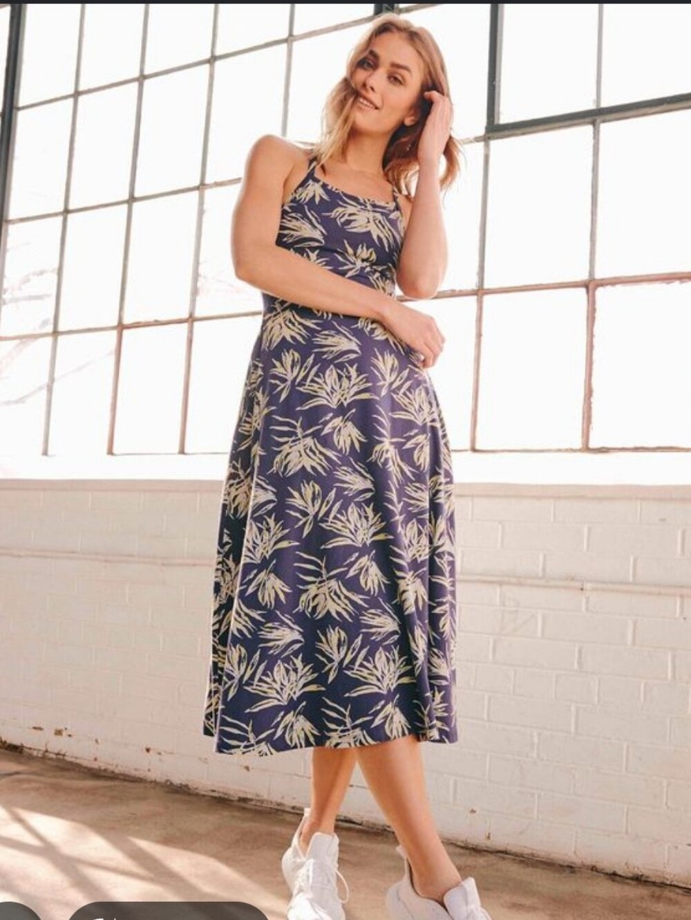 Pact Midi Fit & Flare Dress Navy Blue Floral Shelf Bra Size Small Organic Cotton